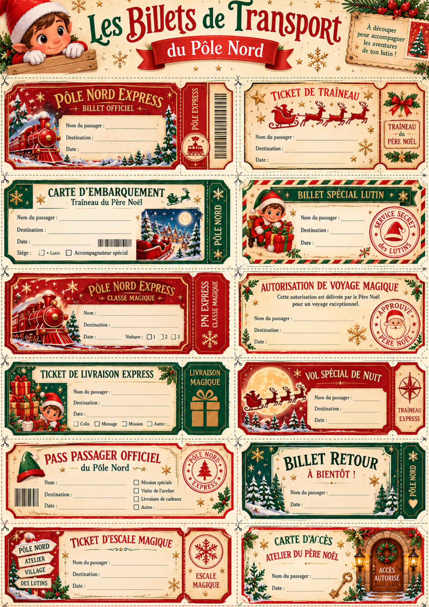 Billets du Pôle Nord Express et tickets de traîneau à imprimer pour le lutin farceur