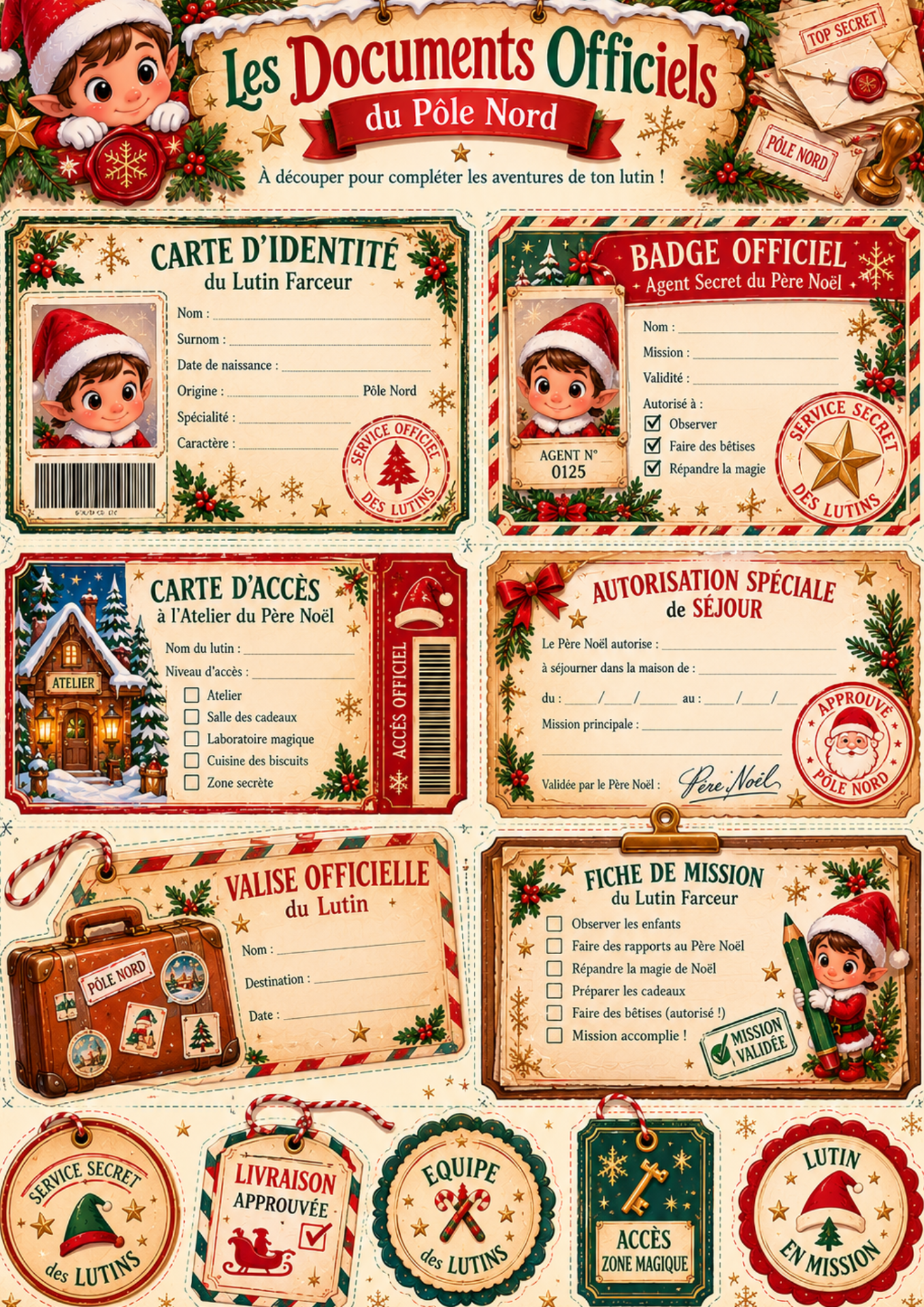 Cartes d'identité et badges officiels du lutin farceur à imprimer