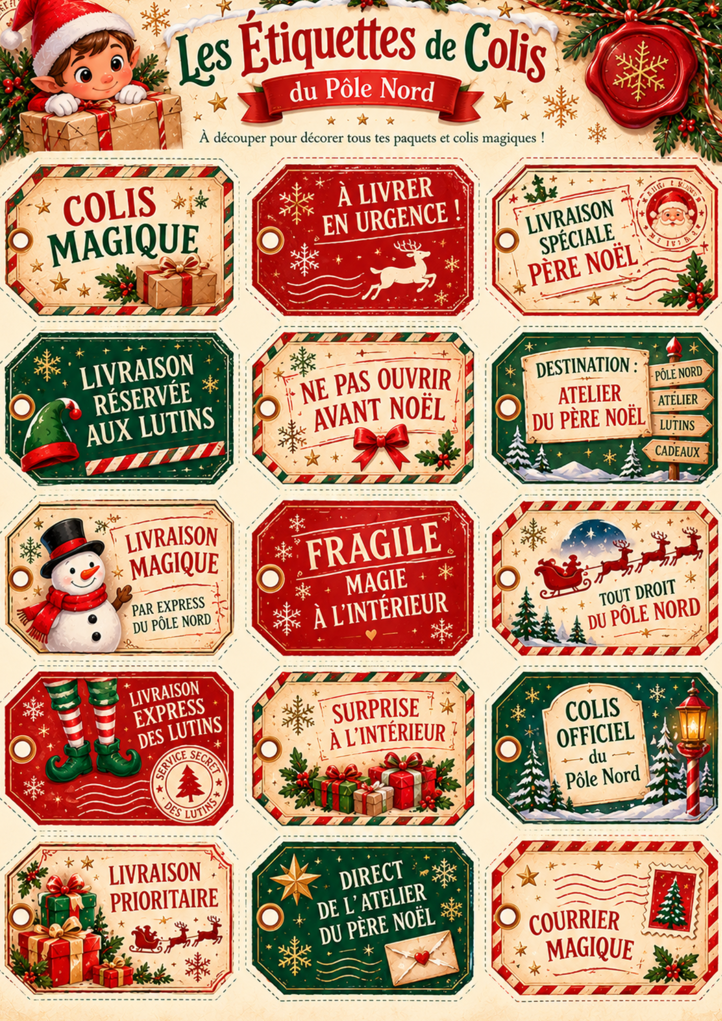 Étiquettes de colis magiques de Noël à imprimer pour les mises en scène du lutin farceur