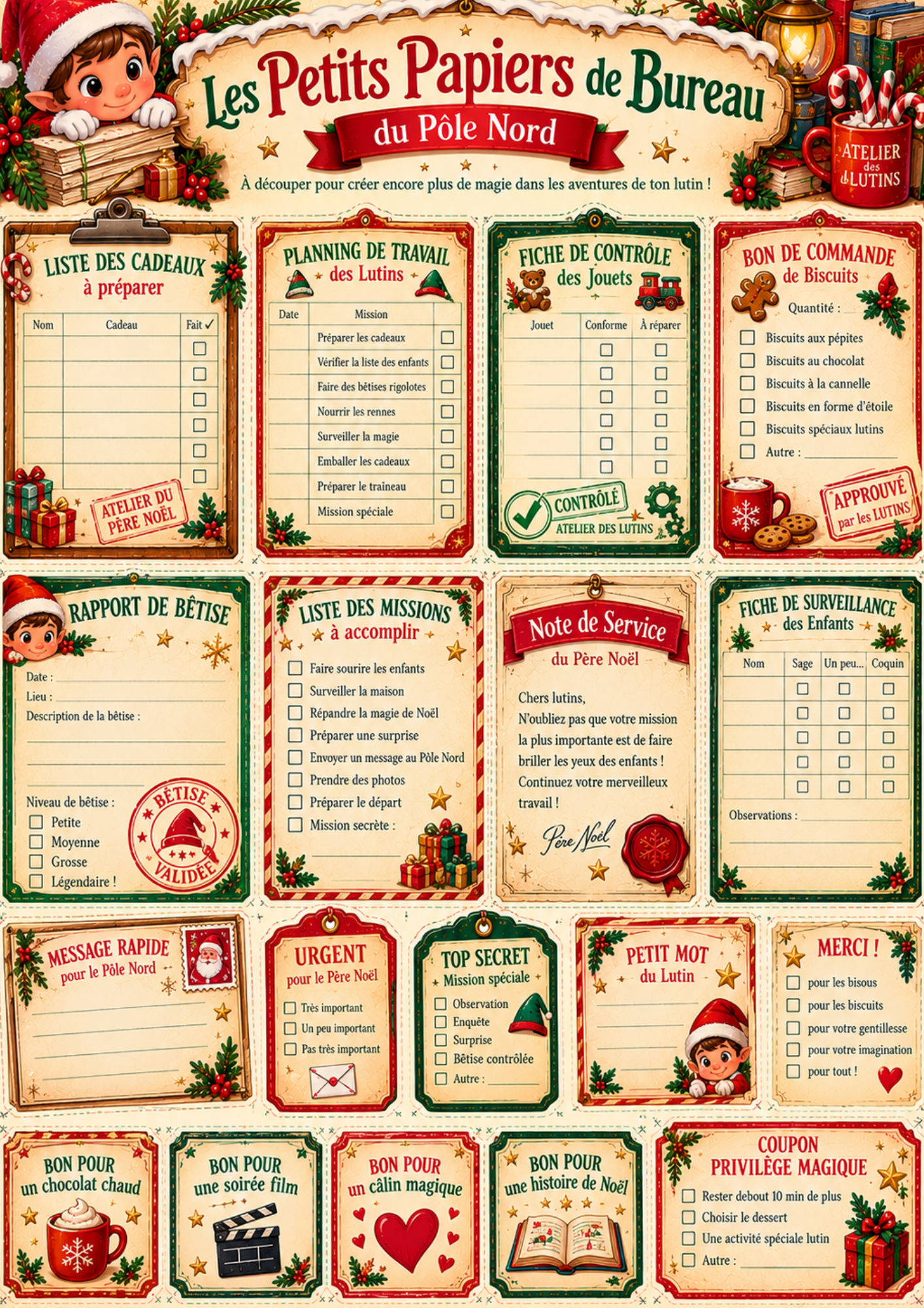 Listes de cadeaux, rapports de bêtises et fiches de travail des lutins à imprimer