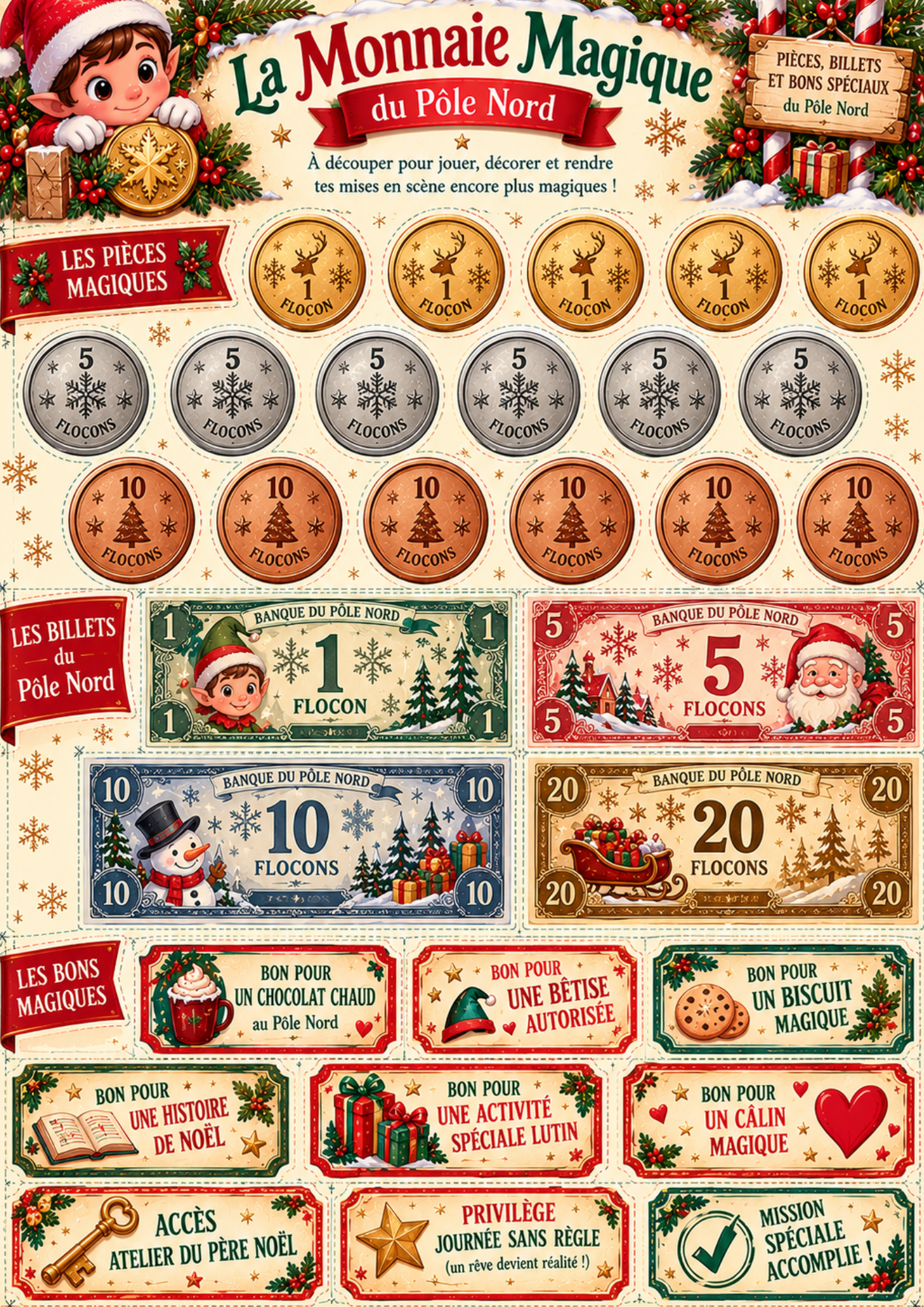 Pièces, billets et coupons de monnaie magique du Pôle Nord à découper