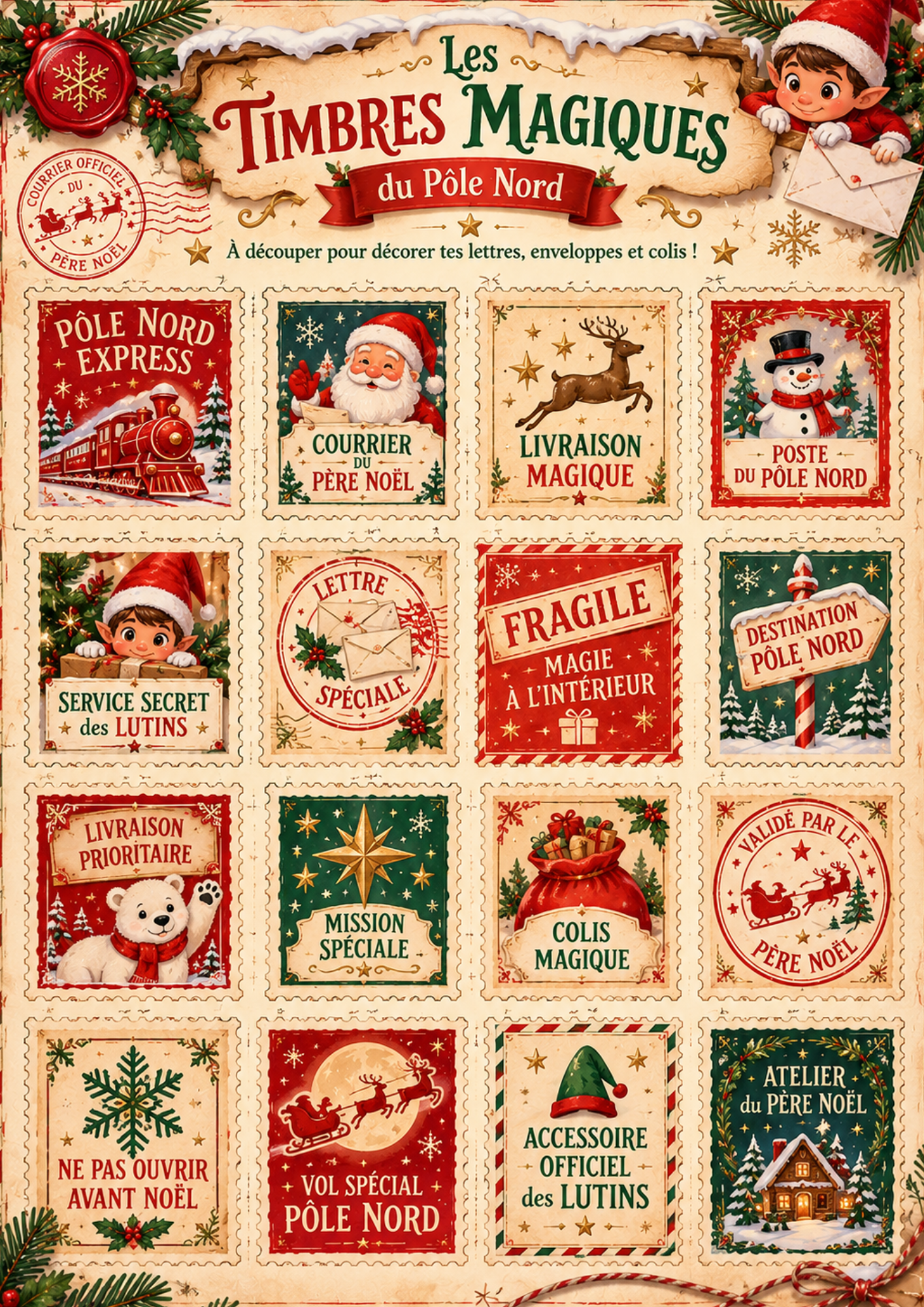 Timbres magiques du Pôle Nord à découper pour décorer les lettres du lutin farceur